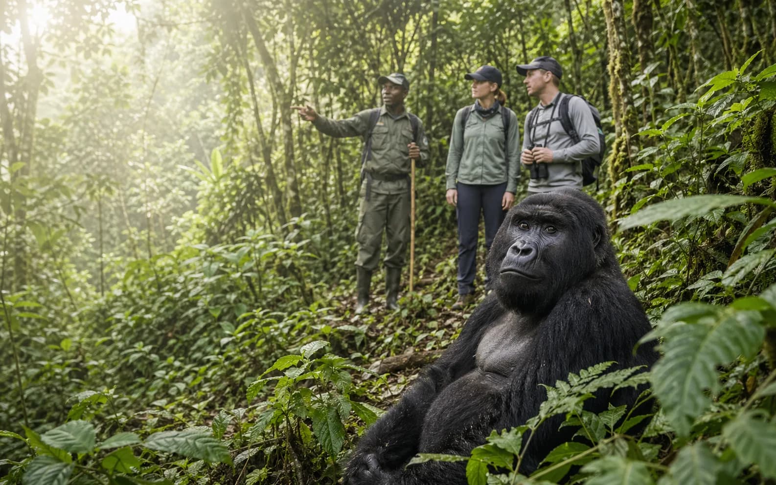 Travel guests on a guided gorilla trek inside Bwindi Impenetrable Forest, with a silverback in the foreground