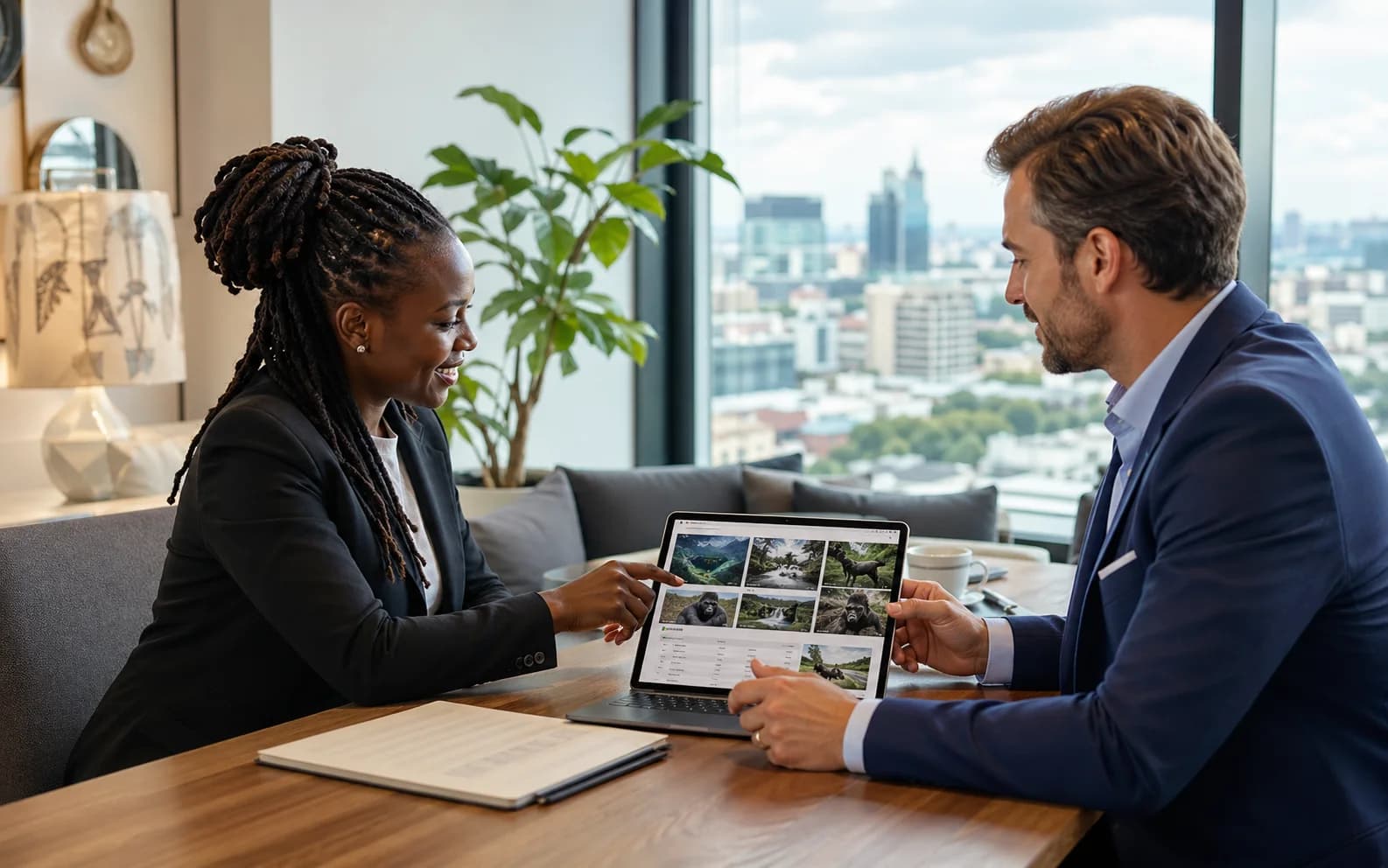 A Ugandan agency lead and an international travel buyer reviewing inventory together in a Kampala office